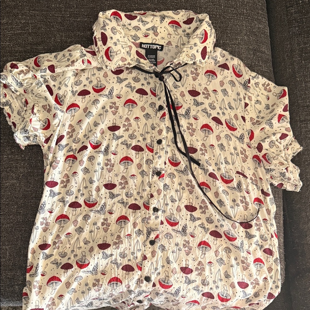 Hot Topic Cream Button-Up Shirt with Red Mushroom Motif